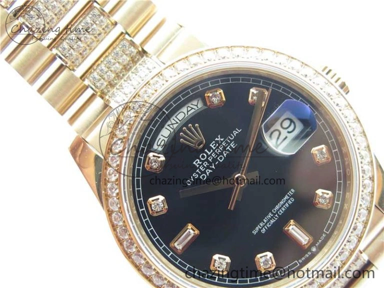 Day-Date 36mm 128235 RG Crystal BP Best Edition Black Crystal Marker Dial on RG President Bracelet A QuickDry 10358