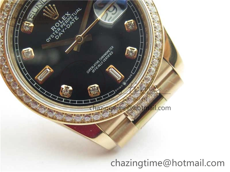 Day-Date 36mm 128235 RG Crystal BP Best Edition Black Crystal Marker Dial on RG President Bracelet A QuickDry 10358