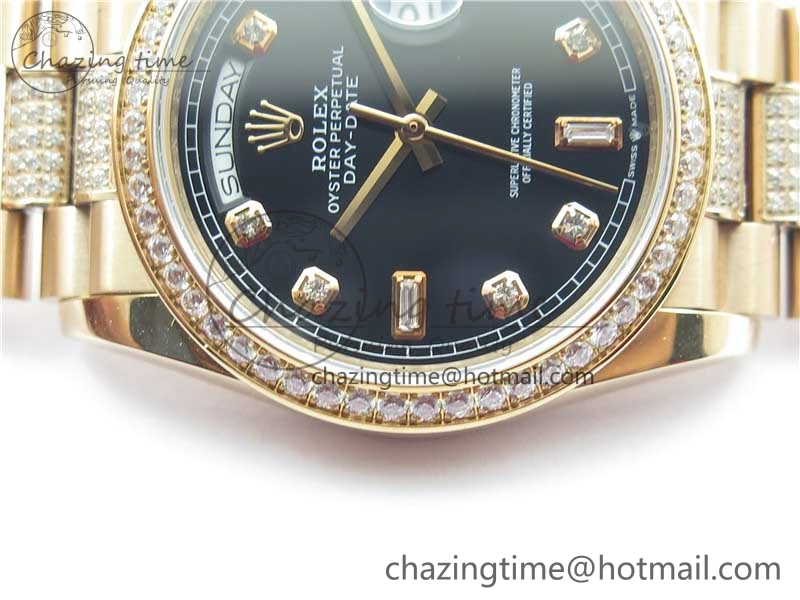 Day-Date 36mm 128235 RG Crystal BP Best Edition Black Crystal Marker Dial on RG President Bracelet A QuickDry 10358