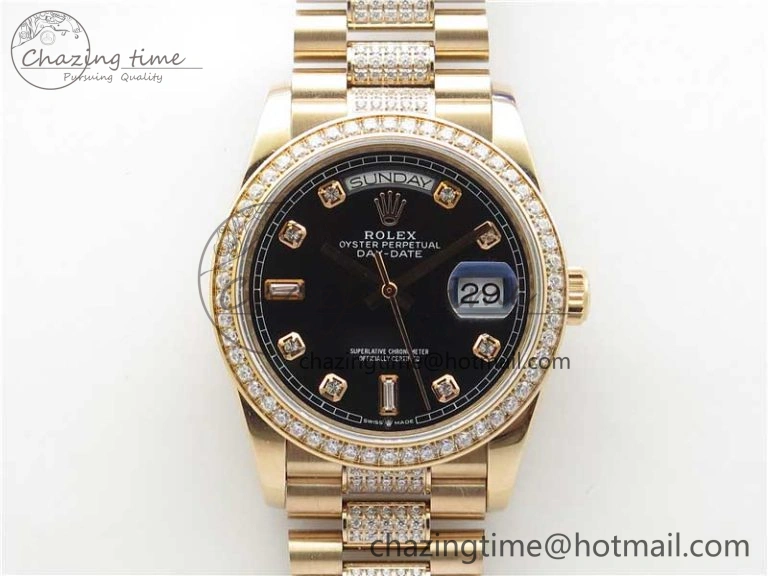 Day-Date 36mm 128235 RG Crystal BP Best Edition Black Crystal Marker Dial on RG President Bracelet A QuickDry 10358