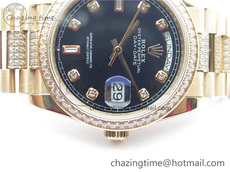 Day-Date 36mm 128235 RG Crystal BP Best Edition Black Crystal Marker Dial on RG President Bracelet A QuickDry 10358