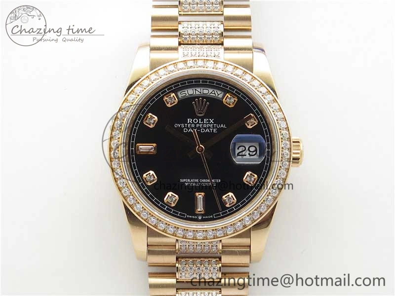 Day-Date 36mm 128235 RG Crystal BP Best Edition Black Crystal Marker Dial on RG President Bracelet A QuickDry 10358