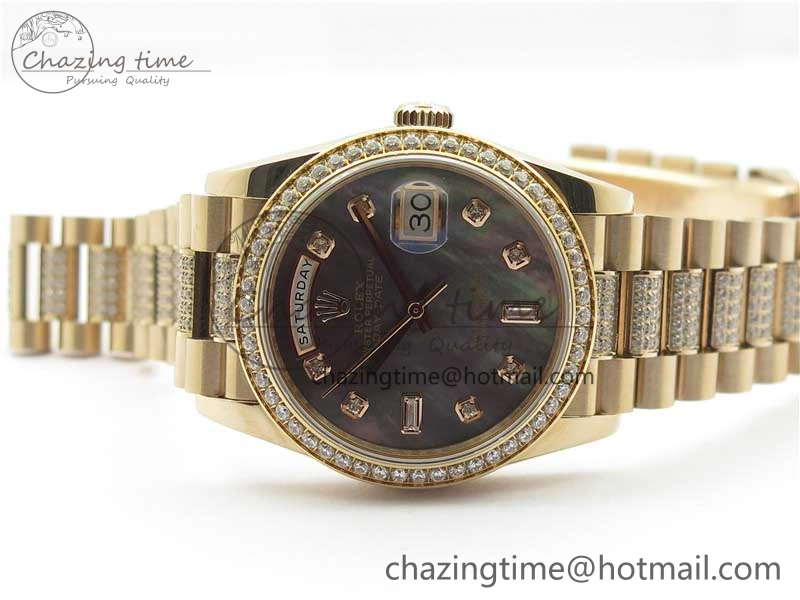 TechFriendly Day-Date 36mm 128235 RG Crystal BP Best Edition Black MOP Crystal Marker Dial on RG President Bracelet A 2688