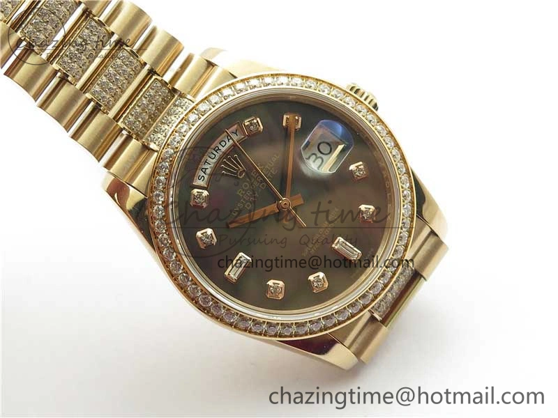 TechFriendly Day-Date 36mm 128235 RG Crystal BP Best Edition Black MOP Crystal Marker Dial on RG President Bracelet A 2688