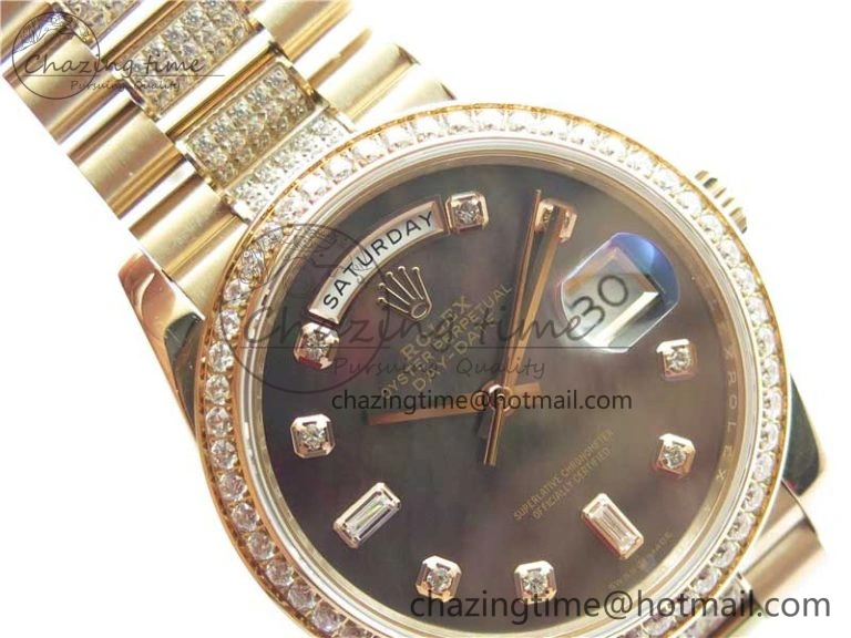 TechFriendly Day-Date 36mm 128235 RG Crystal BP Best Edition Black MOP Crystal Marker Dial on RG President Bracelet A 2688