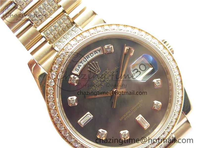 TechFriendly Day-Date 36mm 128235 RG Crystal BP Best Edition Black MOP Crystal Marker Dial on RG President Bracelet A 2688