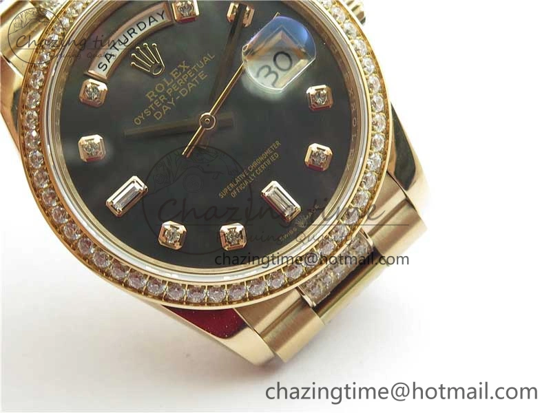 TechFriendly Day-Date 36mm 128235 RG Crystal BP Best Edition Black MOP Crystal Marker Dial on RG President Bracelet A 2688