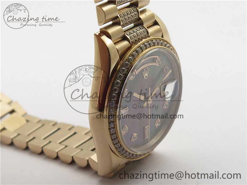TechFriendly Day-Date 36mm 128235 RG Crystal BP Best Edition Black MOP Crystal Marker Dial on RG President Bracelet A 2688