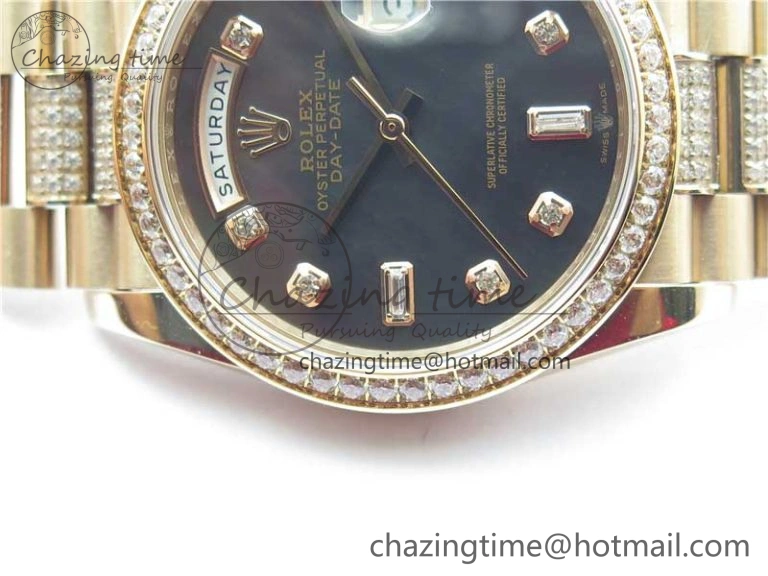 TechFriendly Day-Date 36mm 128235 RG Crystal BP Best Edition Black MOP Crystal Marker Dial on RG President Bracelet A 2688
