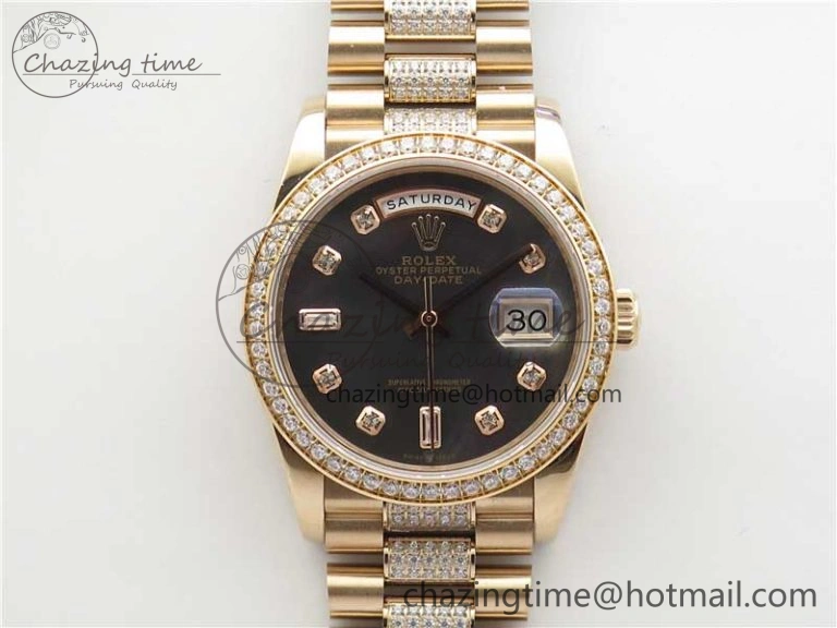TechFriendly Day-Date 36mm 128235 RG Crystal BP Best Edition Black MOP Crystal Marker Dial on RG President Bracelet A 2688