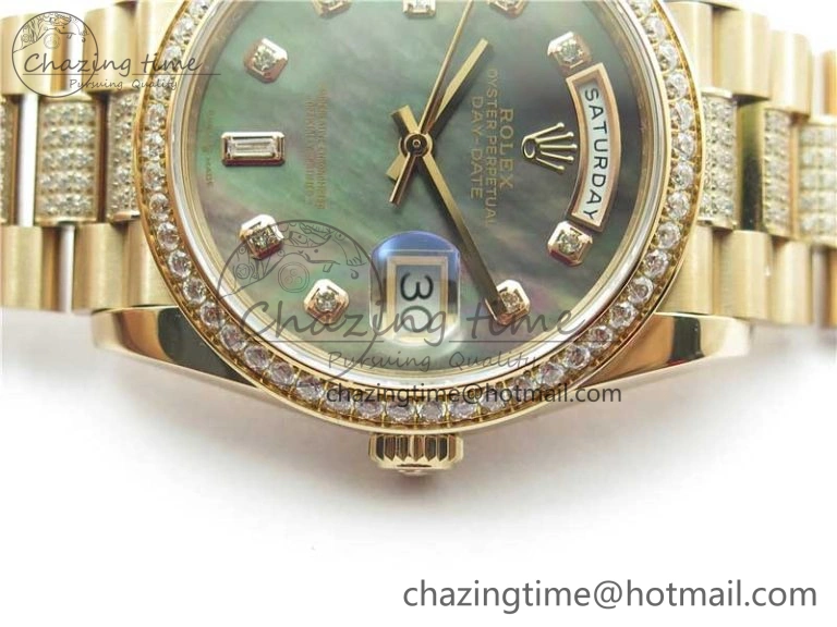 TechFriendly Day-Date 36mm 128235 RG Crystal BP Best Edition Black MOP Crystal Marker Dial on RG President Bracelet A 2688