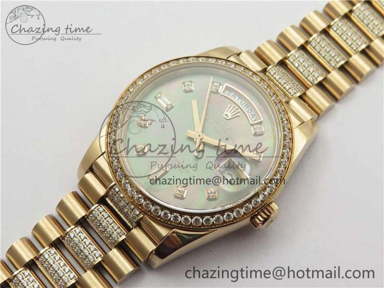 TechFriendly Day-Date 36mm 128235 RG Crystal BP Best Edition Black MOP Crystal Marker Dial on RG President Bracelet A 2688