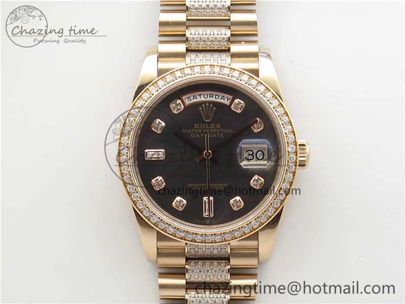 TechFriendly Day-Date 36mm 128235 RG Crystal BP Best Edition Black MOP Crystal Marker Dial on RG President Bracelet A 2688