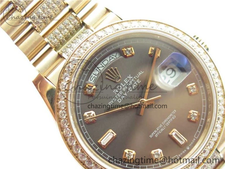 Day-Date 36mm 128235 RG Crystal BP Best Edition Gray Crystal Marker Dial on RG President Bracelet A Elegant 10357