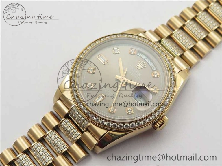 Day-Date 36mm 128235 RG Crystal BP Best Edition Gray Crystal Marker Dial on RG President Bracelet A Elegant 10357