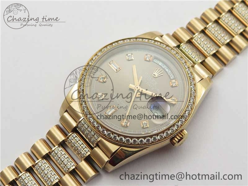 Day-Date 36mm 128235 RG Crystal BP Best Edition Gray Crystal Marker Dial on RG President Bracelet A Elegant 10357
