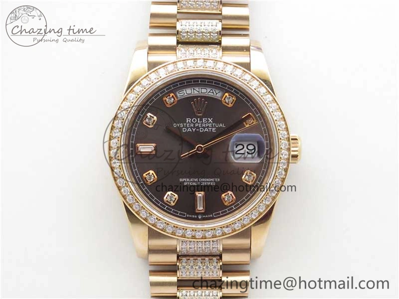 Day-Date 36mm 128235 RG Crystal BP Best Edition Gray Crystal Marker Dial on RG President Bracelet A Elegant 10357