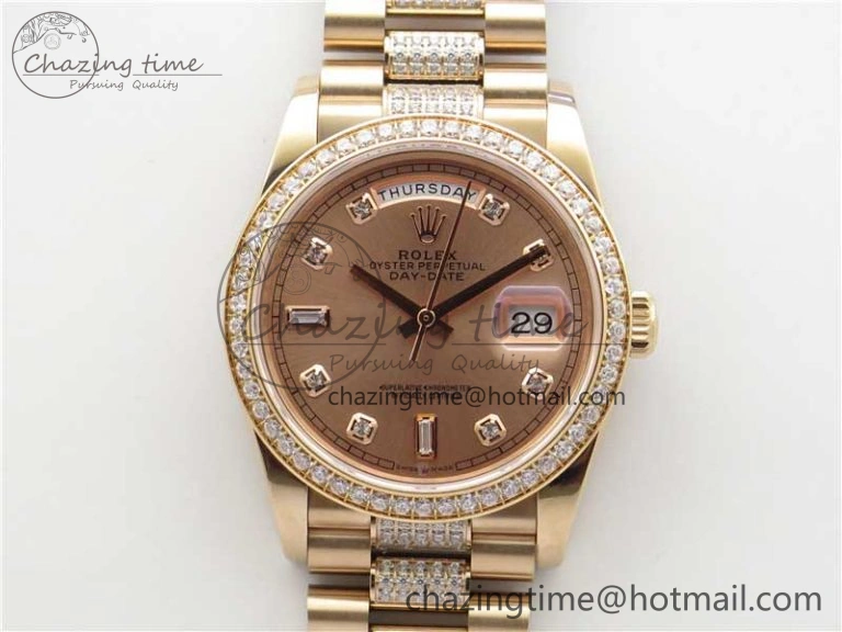 WrinkleFree Day-Date 36mm 128235 RG Crystal BP Best Edition RG Crystal Marker Dial on RG President Bracelet A 10356