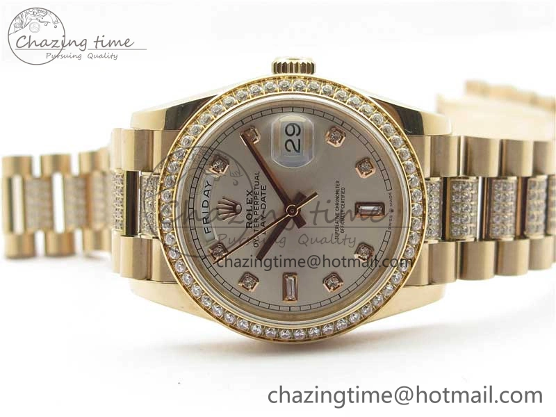 Packable Day-Date 36mm 128235 RG Crystal BP Best Edition Silver Crystal Marker Dial on RG President Bracelet A 10355
