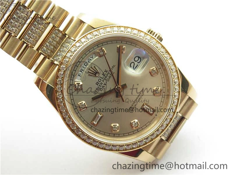 Packable Day-Date 36mm 128235 RG Crystal BP Best Edition Silver Crystal Marker Dial on RG President Bracelet A 10355