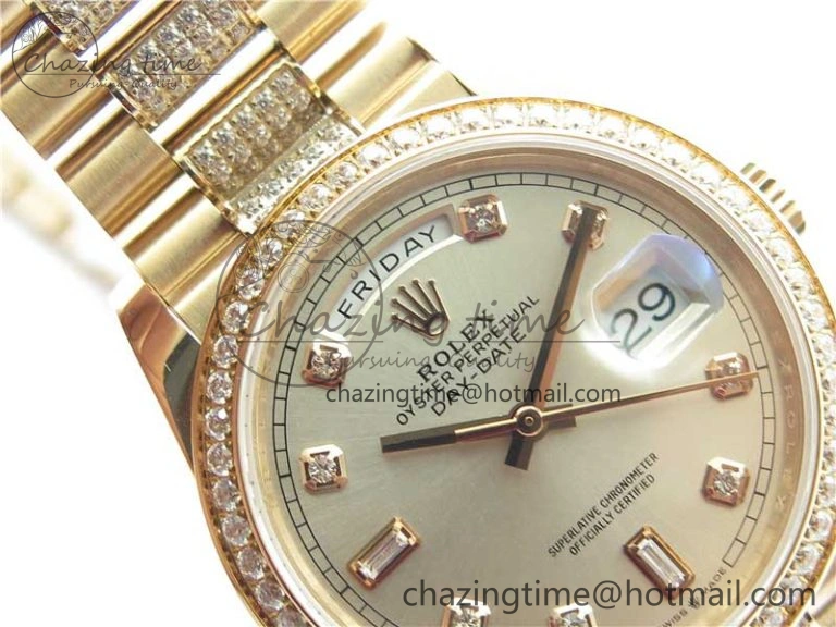 Packable Day-Date 36mm 128235 RG Crystal BP Best Edition Silver Crystal Marker Dial on RG President Bracelet A 10355