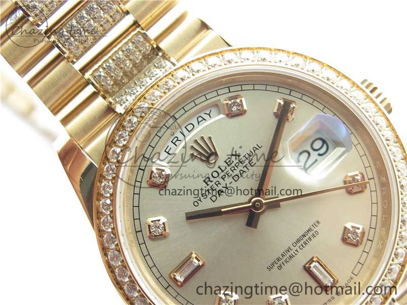 Packable Day-Date 36mm 128235 RG Crystal BP Best Edition Silver Crystal Marker Dial on RG President Bracelet A 10355