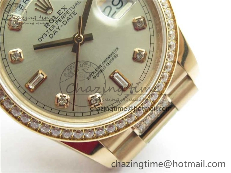 Packable Day-Date 36mm 128235 RG Crystal BP Best Edition Silver Crystal Marker Dial on RG President Bracelet A 10355