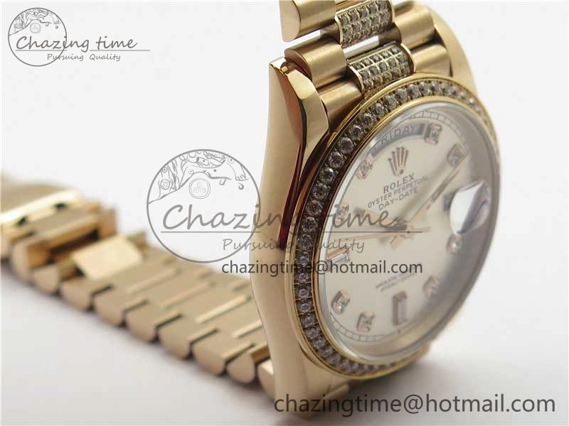 Packable Day-Date 36mm 128235 RG Crystal BP Best Edition Silver Crystal Marker Dial on RG President Bracelet A 10355