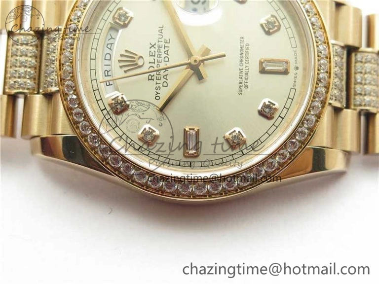 Packable Day-Date 36mm 128235 RG Crystal BP Best Edition Silver Crystal Marker Dial on RG President Bracelet A 10355