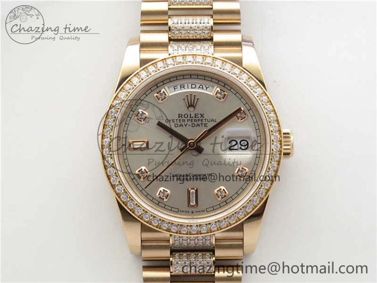Packable Day-Date 36mm 128235 RG Crystal BP Best Edition Silver Crystal Marker Dial on RG President Bracelet A 10355