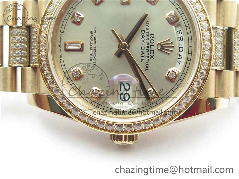 Packable Day-Date 36mm 128235 RG Crystal BP Best Edition Silver Crystal Marker Dial on RG President Bracelet A 10355
