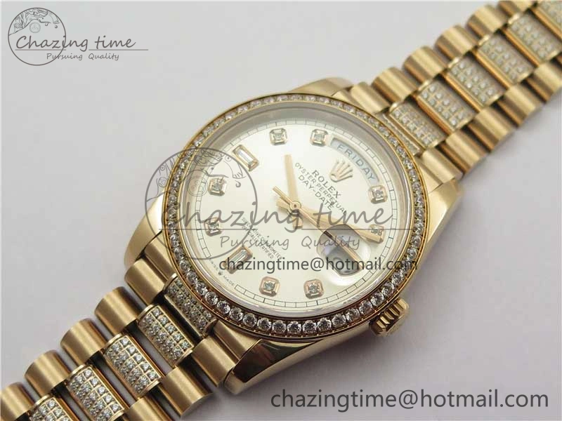 Packable Day-Date 36mm 128235 RG Crystal BP Best Edition Silver Crystal Marker Dial on RG President Bracelet A 10355
