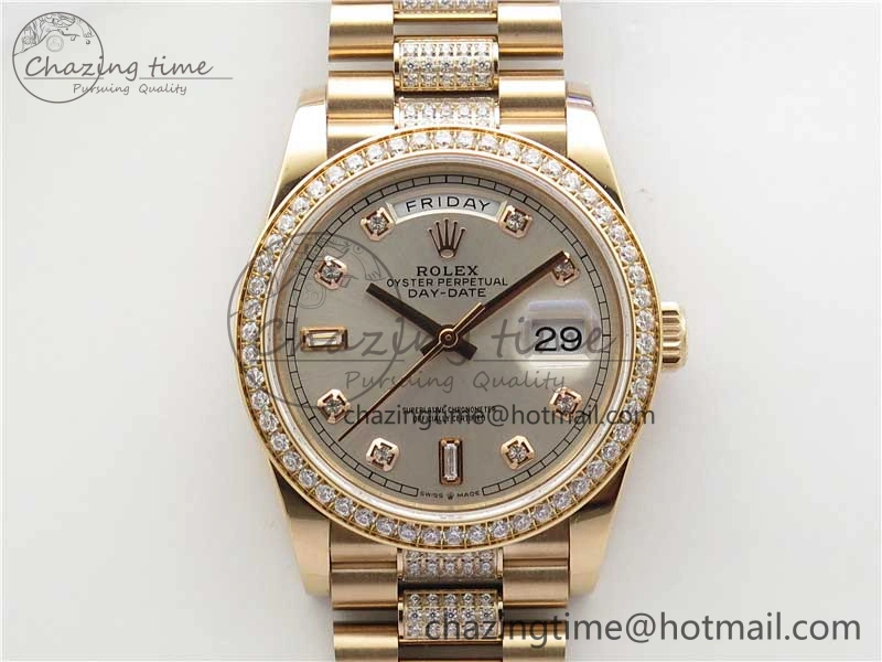 Packable Day-Date 36mm 128235 RG Crystal BP Best Edition Silver Crystal Marker Dial on RG President Bracelet A 10355