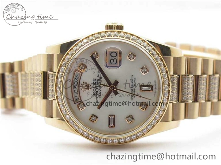 Day-Date 36mm 128235 RG Crystal BP Best Edition White MOP Crystal Marker Dial on RG President Bracelet A Soft 10360