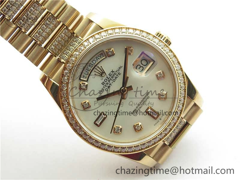 Day-Date 36mm 128235 RG Crystal BP Best Edition White MOP Crystal Marker Dial on RG President Bracelet A Soft 10360