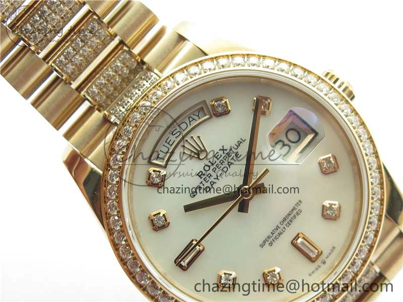 Day-Date 36mm 128235 RG Crystal BP Best Edition White MOP Crystal Marker Dial on RG President Bracelet A Soft 10360