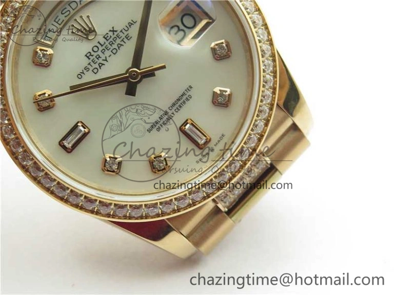 Day-Date 36mm 128235 RG Crystal BP Best Edition White MOP Crystal Marker Dial on RG President Bracelet A Soft 10360