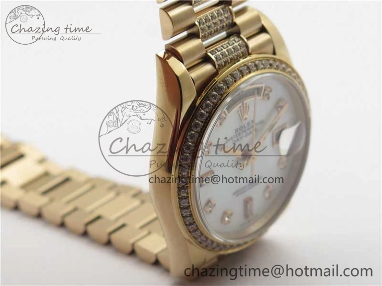Day-Date 36mm 128235 RG Crystal BP Best Edition White MOP Crystal Marker Dial on RG President Bracelet A Soft 10360
