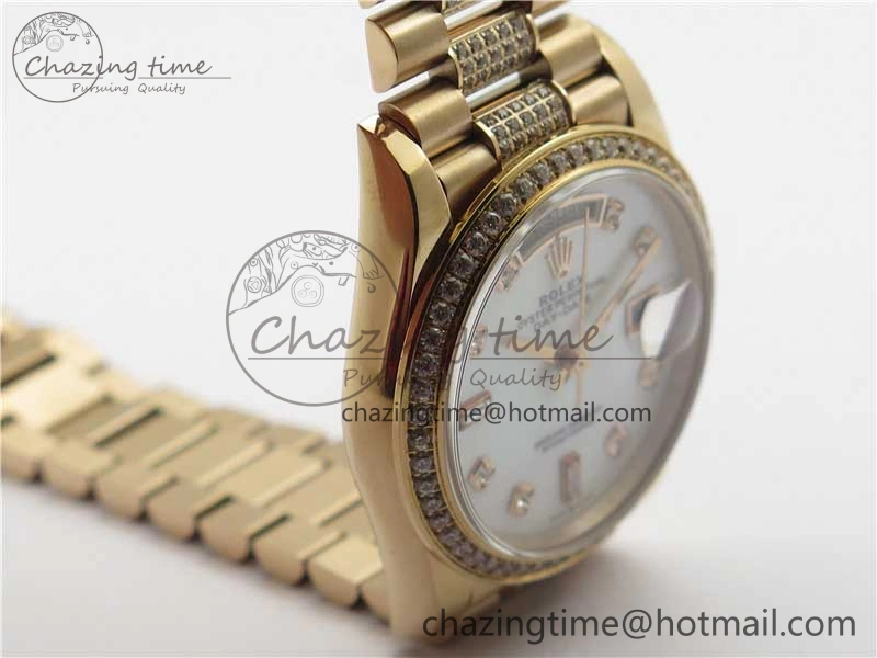 Day-Date 36mm 128235 RG Crystal BP Best Edition White MOP Crystal Marker Dial on RG President Bracelet A Soft 10360