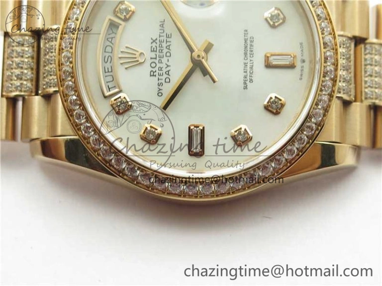 Day-Date 36mm 128235 RG Crystal BP Best Edition White MOP Crystal Marker Dial on RG President Bracelet A Soft 10360