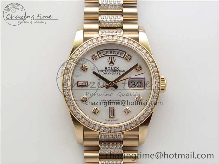 Day-Date 36mm 128235 RG Crystal BP Best Edition White MOP Crystal Marker Dial on RG President Bracelet A Soft 10360