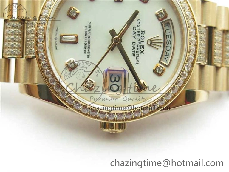 Day-Date 36mm 128235 RG Crystal BP Best Edition White MOP Crystal Marker Dial on RG President Bracelet A Soft 10360