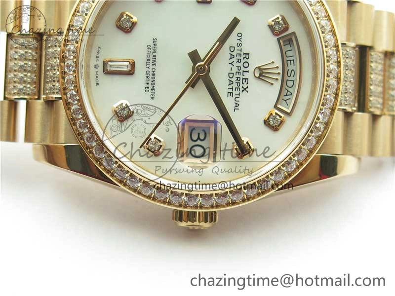 Day-Date 36mm 128235 RG Crystal BP Best Edition White MOP Crystal Marker Dial on RG President Bracelet A Soft 10360