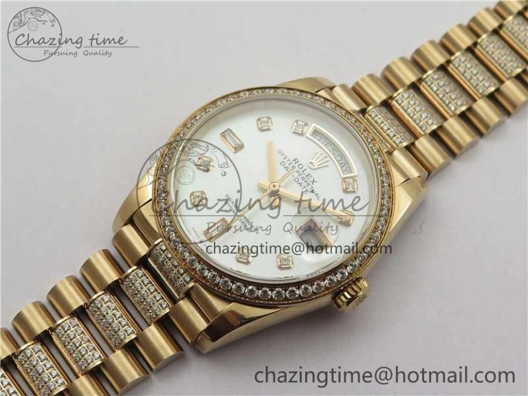 Day-Date 36mm 128235 RG Crystal BP Best Edition White MOP Crystal Marker Dial on RG President Bracelet A Soft 10360