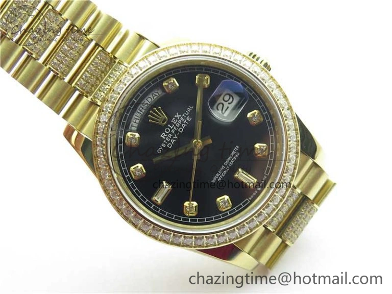 Day-Date 36mm 128235 YG Crystal BP Best Edition Black Crystal Marker Dial on YG President Bracelet A Tailored 2673