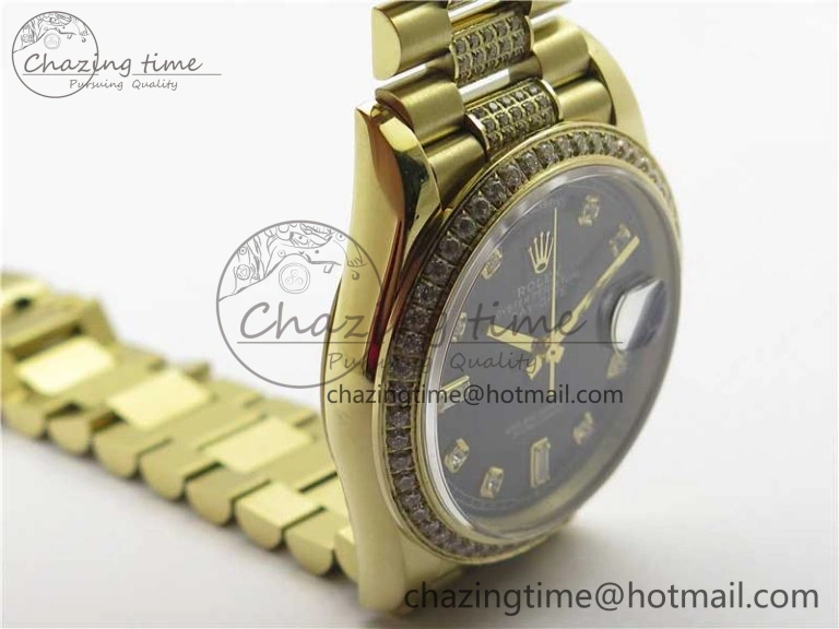 Day-Date 36mm 128235 YG Crystal BP Best Edition Black Crystal Marker Dial on YG President Bracelet A Tailored 2673