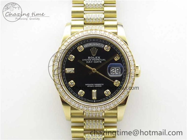 Upgraded Day-Date 36mm 128235 YG Crystal BP Best Edition Black Crystal Marker Dial on YG President Bracelet A 10342