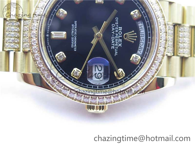 Day-Date 36mm 128235 YG Crystal BP Best Edition Black Crystal Marker Dial on YG President Bracelet A Tailored 2673