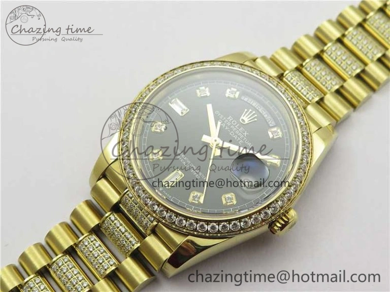 Day-Date 36mm 128235 YG Crystal BP Best Edition Black Crystal Marker Dial on YG President Bracelet A Tailored 2673