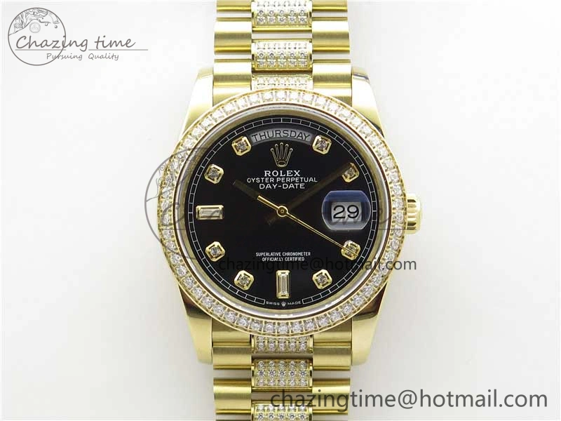 Day-Date 36mm 128235 YG Crystal BP Best Edition Black Crystal Marker Dial on YG President Bracelet A Tailored 2673